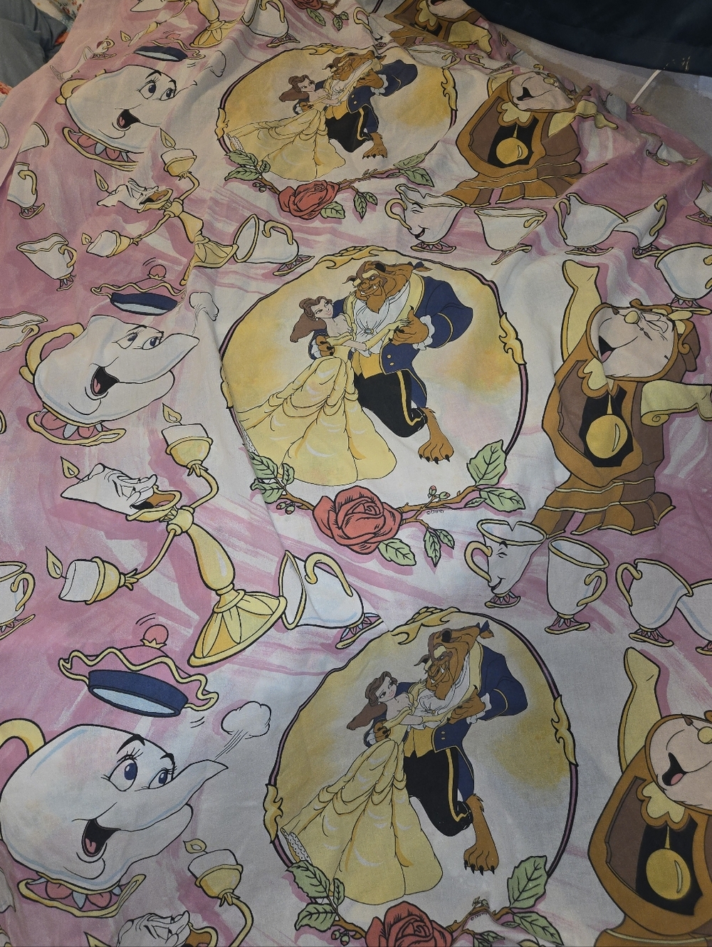 Vtg Disney Beauty and the Beast Twin Flat Sheet Pink Belle Mrs Potts